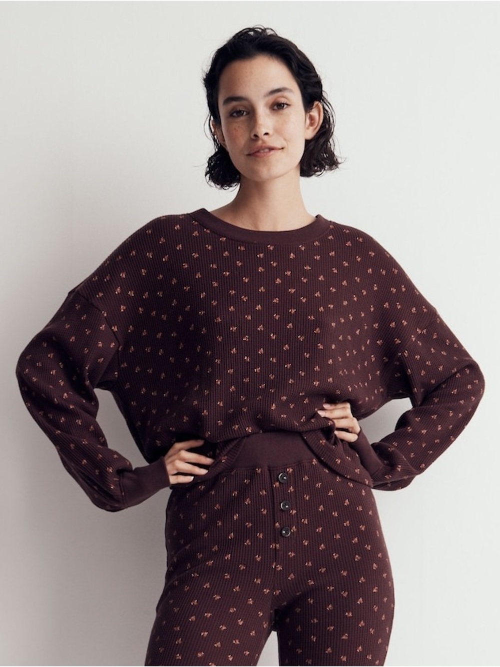 Madewell Waffle Knit Long Sleeve Top in Micro Berry /Chocolate Raisin - Size XXS